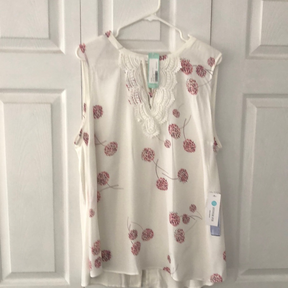 Sleeveless top with beautiful pink flowers.